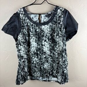 City Chic Black White Short Sleeves Top Blouse Vegan Leather Sleeves Women’s XL